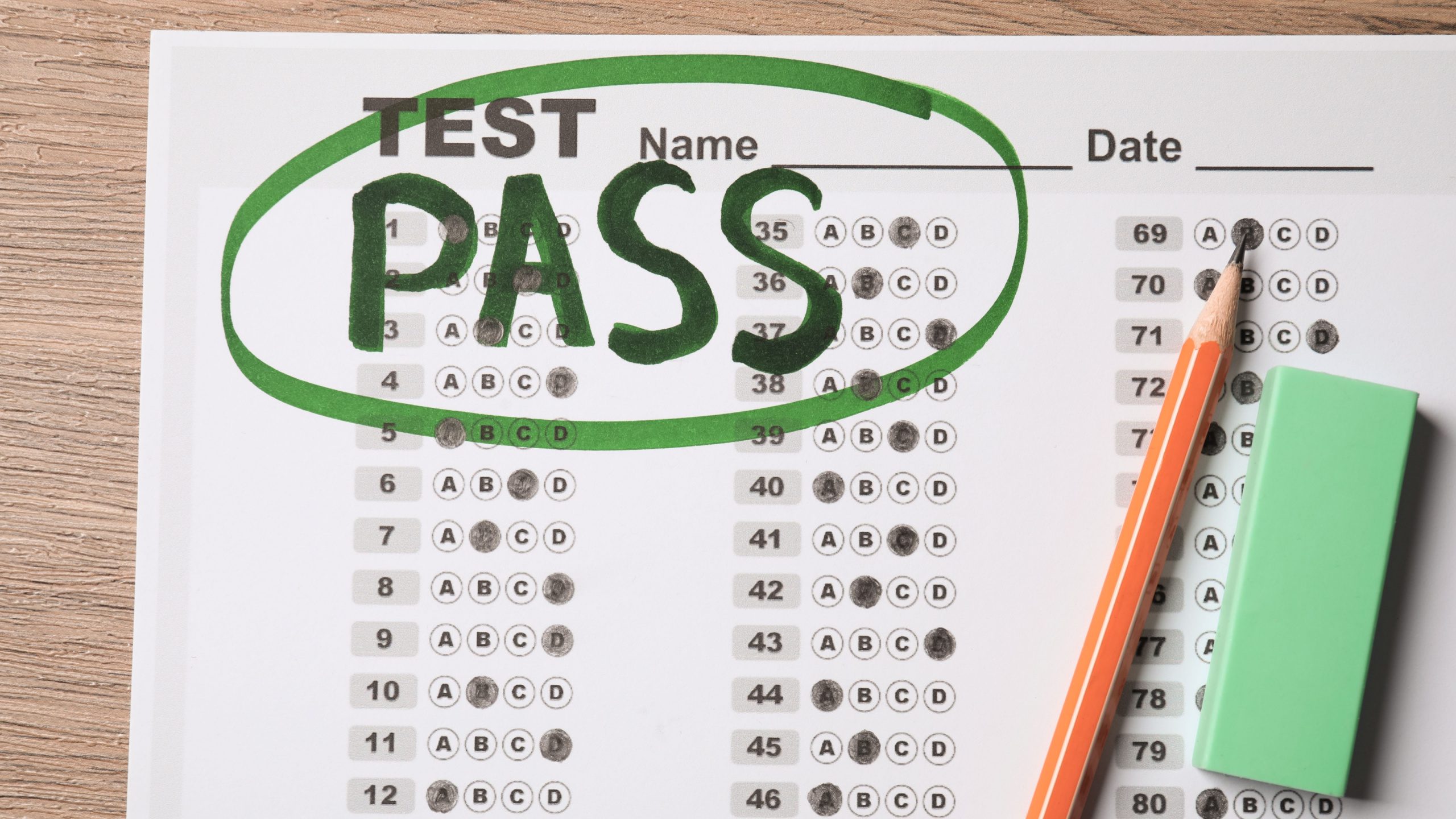 A multiple choice Step 2 CK exam with the word "pass" written on it.