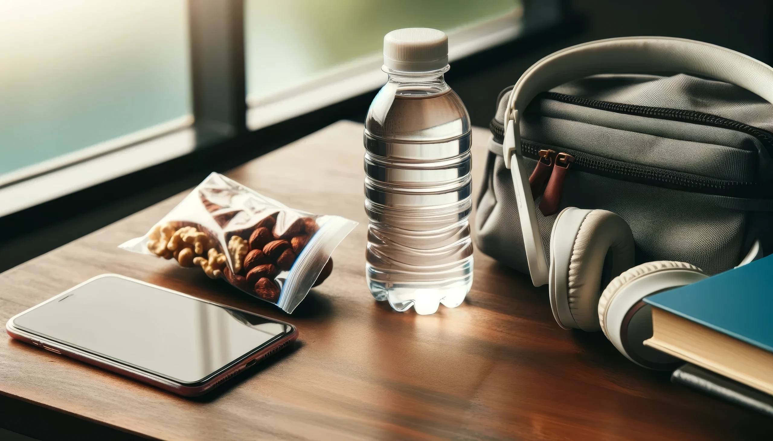 Neatly organized desk with a water bottle, a smartphone, and a clear plastic bag of nuts, prepared for the COMLEX Level 1 exam.