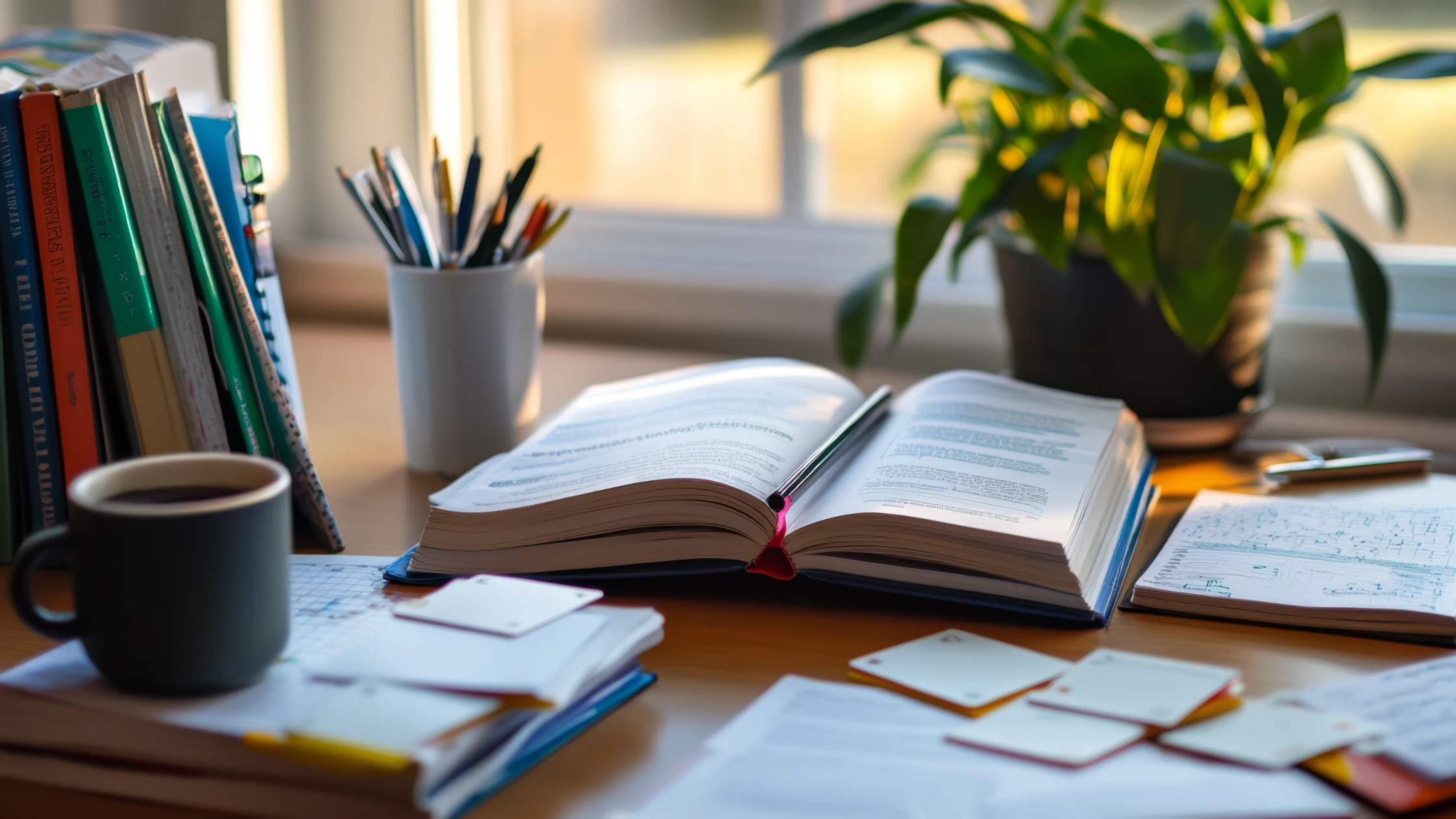 A focused study desk setup with medical textbooks, flashcards, and a cup of coffee, ready for dedicated USMLE Step 2 CK preparation.