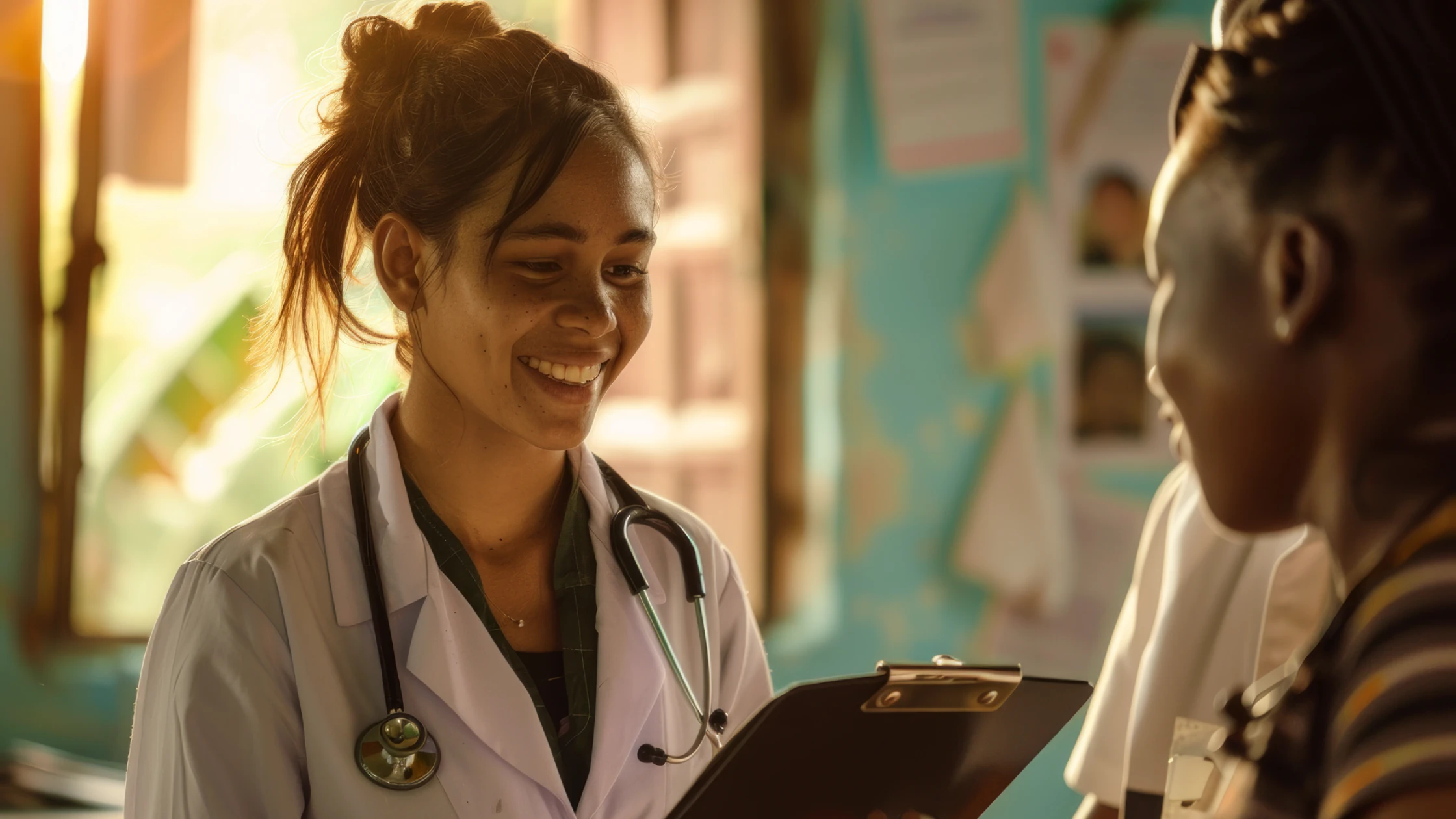 A smiling medical student in a white coat, holding a clipboard and engaging with a patient in a community clinic setting.