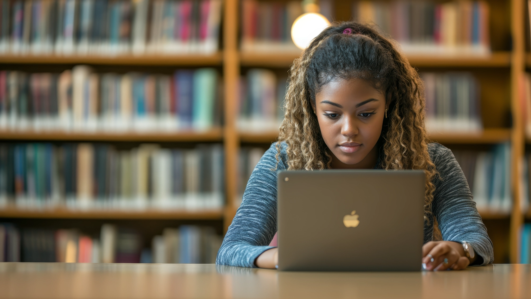 A focused student prepares for the MCAT, studying on a laptop in a library, symbolizing dedication and readiness for the exam.