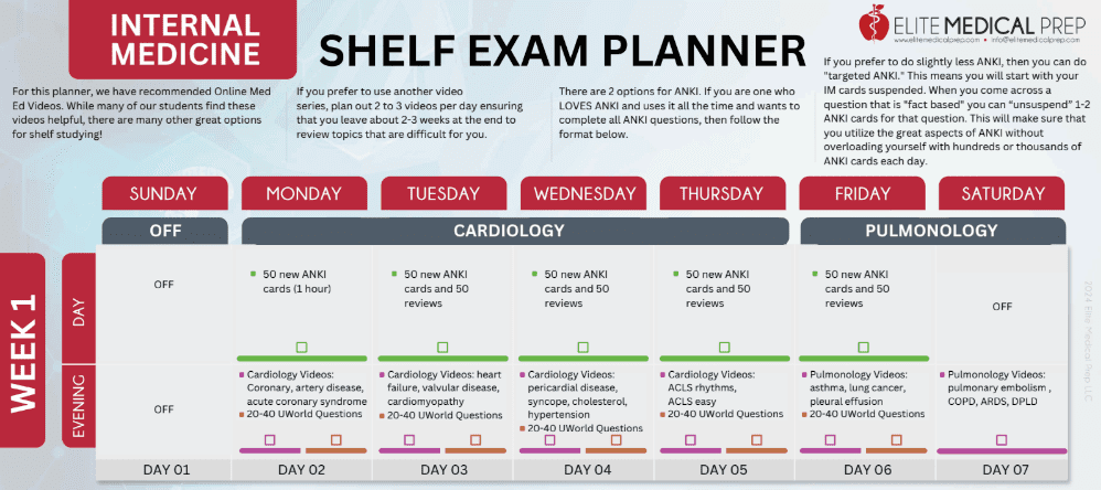 The first week of Elite Medical Prep's internal medicine shelf exam planner.