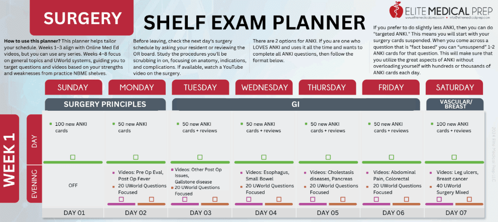 The first week of Elite Medical Prep's surgery shelf exam planner.