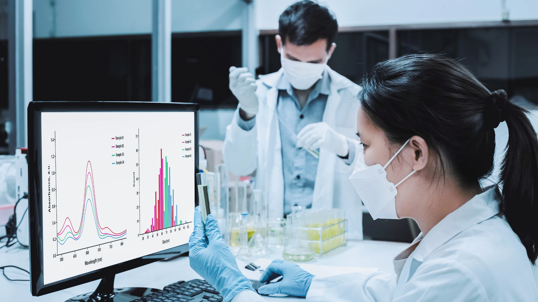 Two researchers in a laboratory wearing masks and gloves, analyzing data on a computer screen showing graphs related to medical research.